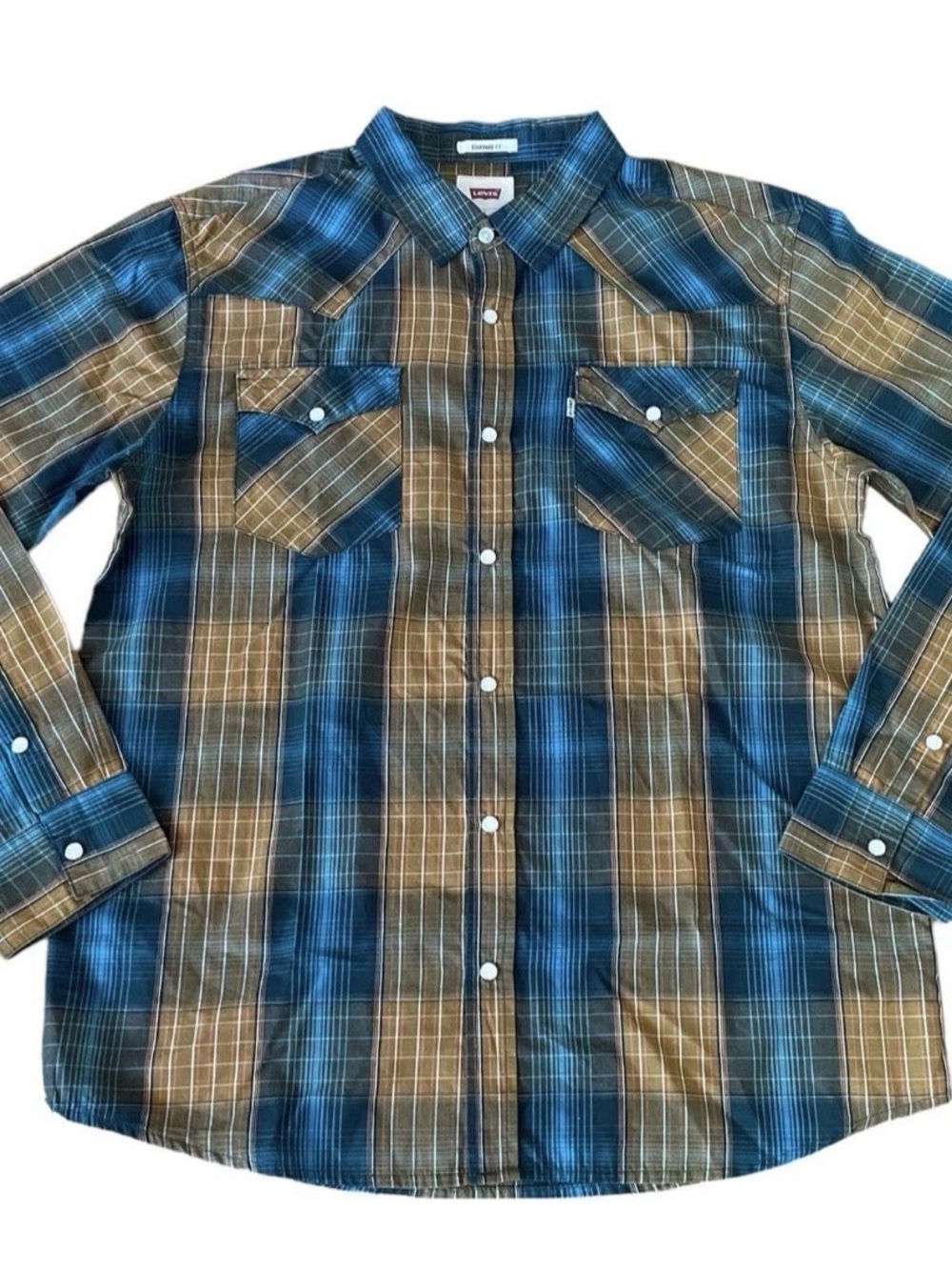 mens levis pearl snap shirt standard fit plaid Long Sleeve Brown & Blue Sz Large